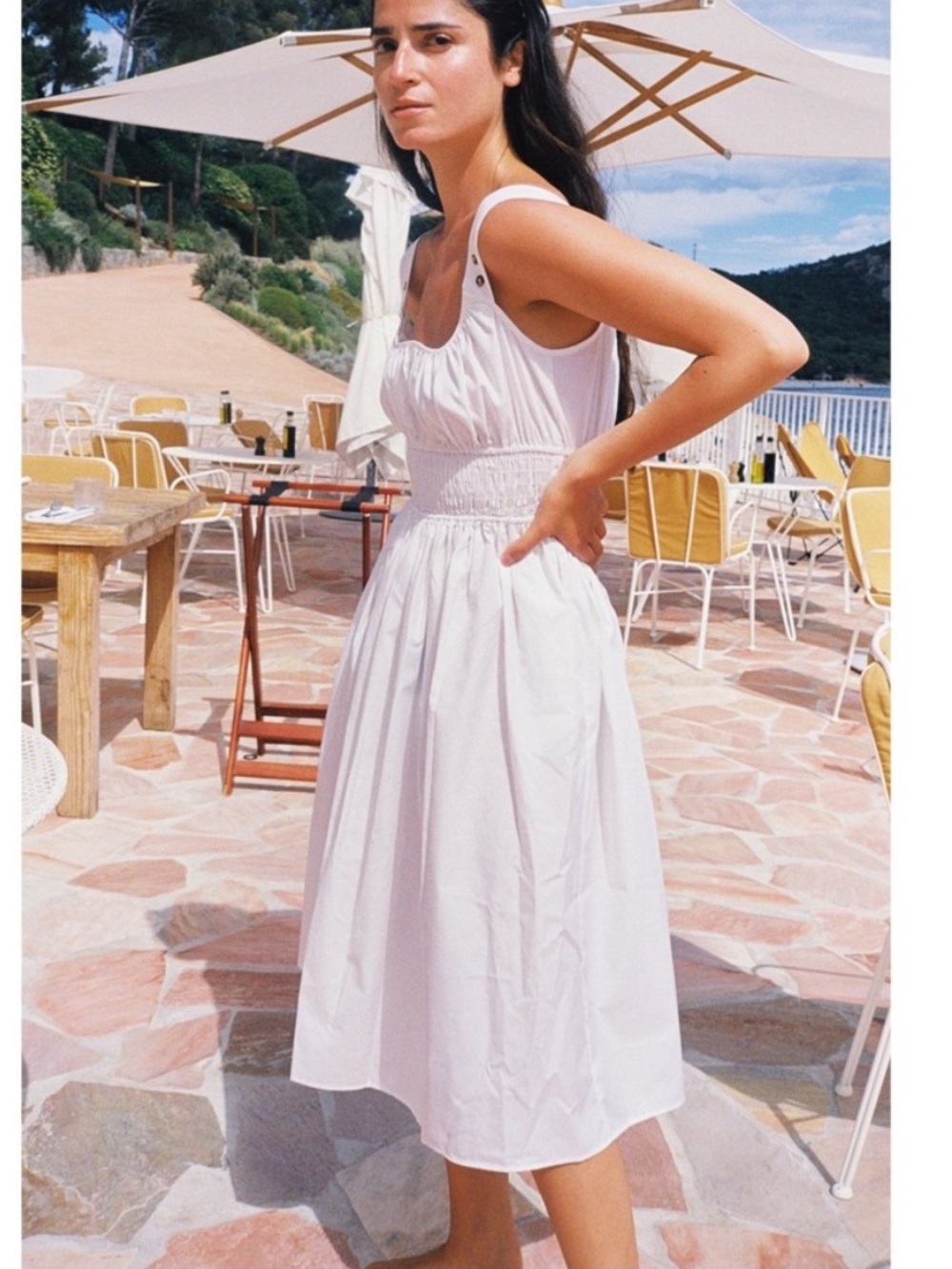 Ciao Lucia Lara 100% Cotton White Smocked Midi Dress w/ Button-Strap Detail NWT